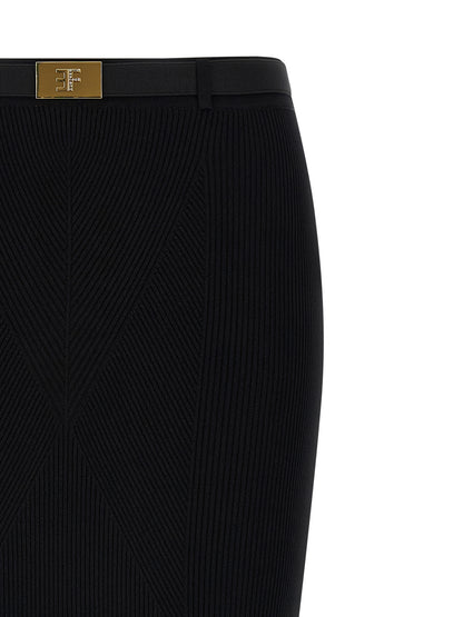 Skirt by Elisabetta Franchi for women in viscose & polyamide black showcases a dramatic silhouette, artfully capturing the essence of the Women's Viscose & Polyamide Midi Skirt in a dramatic midi cut for a refined look.