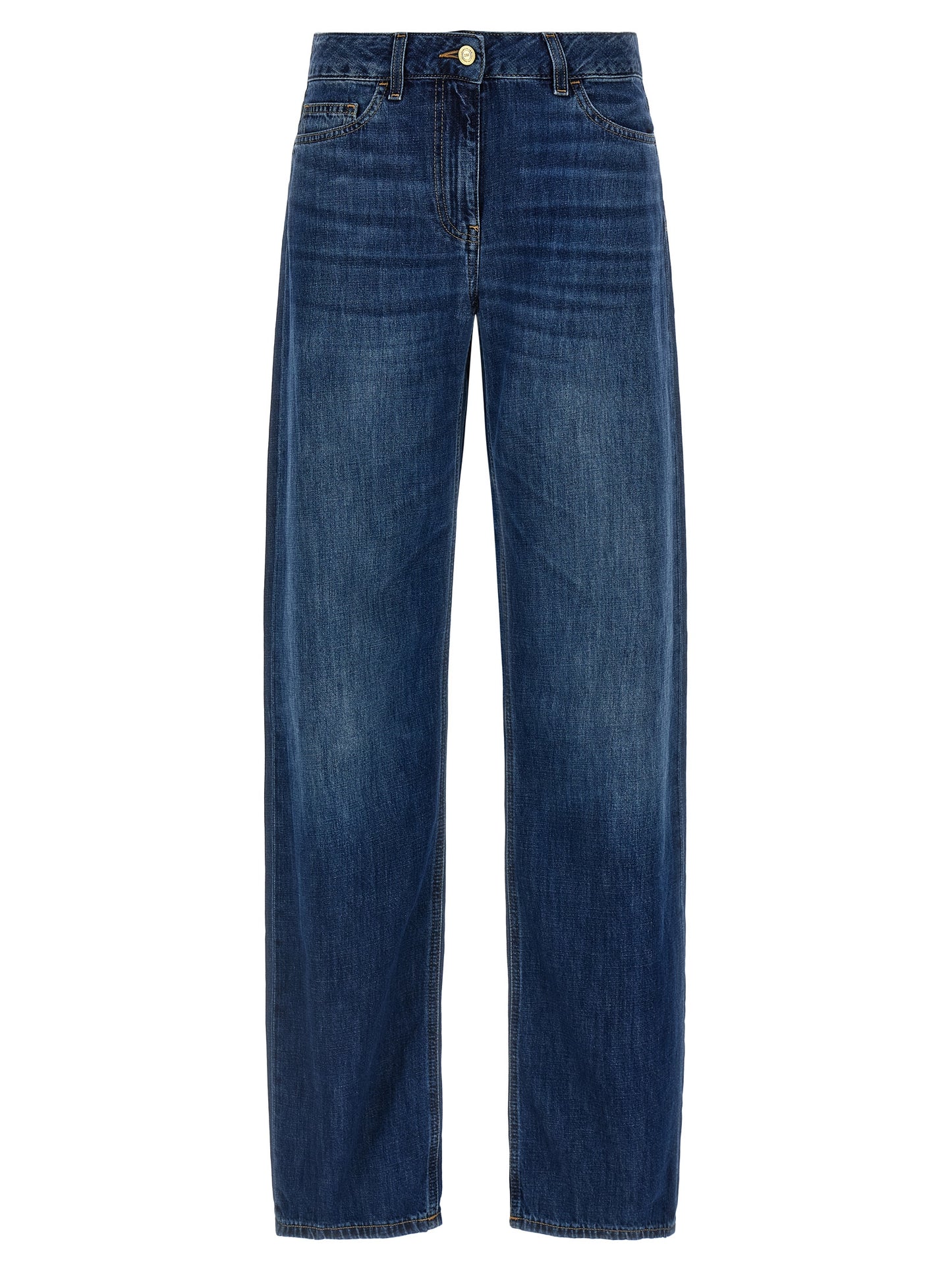 Jeans by Elisabetta Franchi for women in denim cotton blue & signature features an sartorial wide and long with a low rise cut for a sartorial finish.
