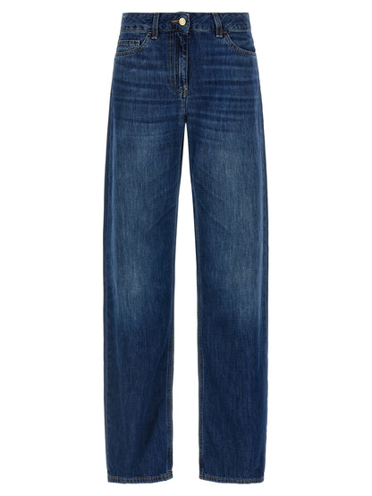 Jeans by Elisabetta Franchi for women in denim cotton blue & signature features an sartorial wide and long with a low rise cut for a sartorial finish.