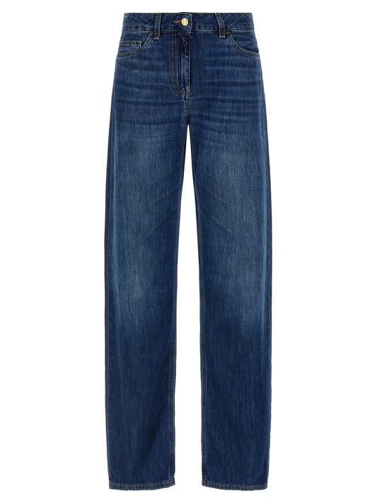 Jeans by Elisabetta Franchi for women in denim cotton blue & signature features an sartorial wide and long with a low rise cut for a sartorial finish.