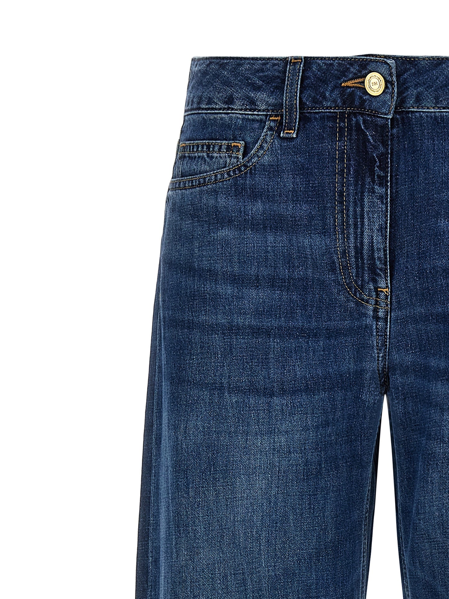 Jeans by Elisabetta Franchi for women in denim cotton blue & signature features a polished silhouette with a polished wide, reaching a polished long and finished with a polished low rise.