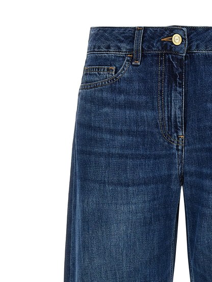 Jeans by Elisabetta Franchi for women in denim cotton blue & signature features a polished silhouette with a polished wide, reaching a polished long and finished with a polished low rise.