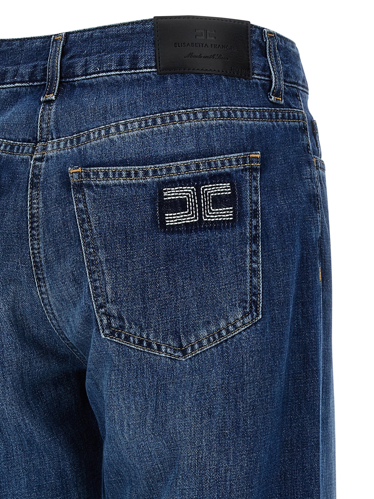 Jeans by Elisabetta Franchi for women in denim cotton blue & signature presents a tailored silhouette, showcasing a tailored wide and long cut with a refined low rise for a truly tailored aesthetic.