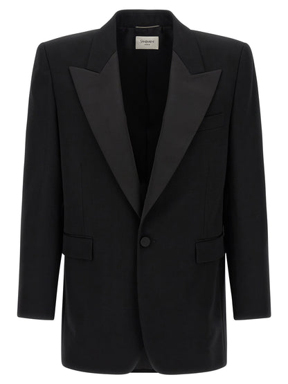 Saint Laurent De Poudre Men's Padded Single Breasted Wool Silk Satin Blazer - Black