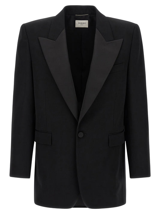 Saint Laurent De Poudre Men's Padded Single Breasted Wool Silk Satin Blazer - Black