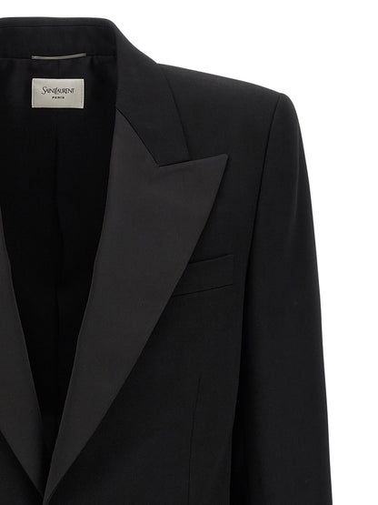 Saint Laurent De Poudre Men's Padded Single Breasted Wool Silk Satin Blazer - Black