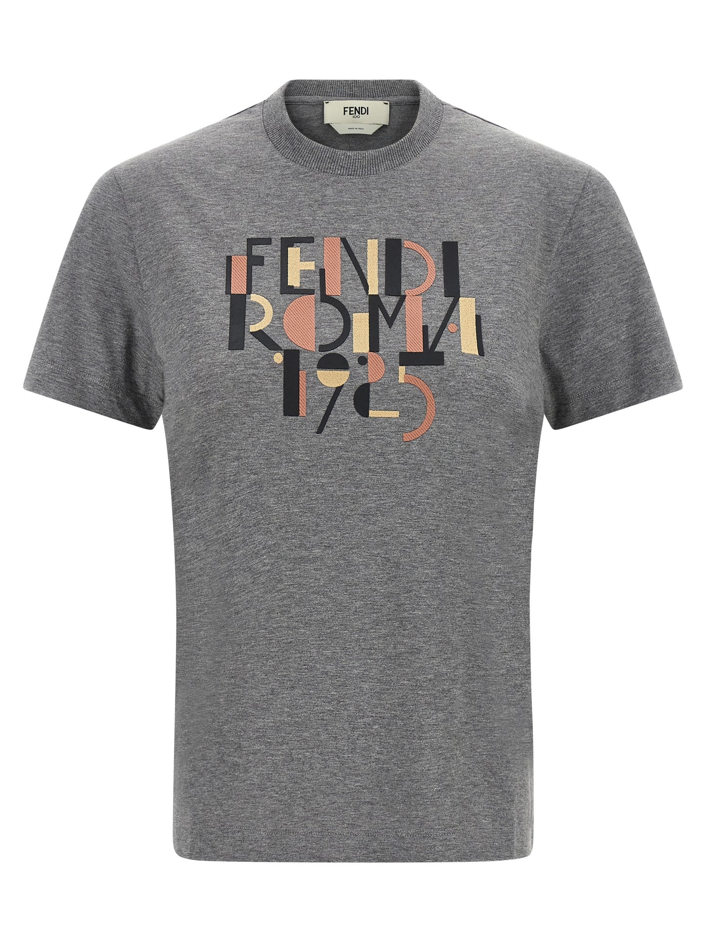T-Shirt by Fendi for women in cotton gray & print showcases a fashionable silhouette, elegantly detailed with a fashionable short-sleeve and crew neckline for a sophisticated, high-fashion look.