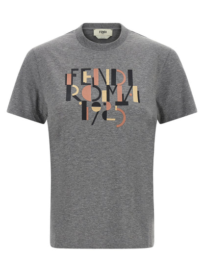 T-Shirt by Fendi for women in cotton gray & print showcases a fashionable silhouette, elegantly detailed with a fashionable short-sleeve and crew neckline for a sophisticated, high-fashion look.