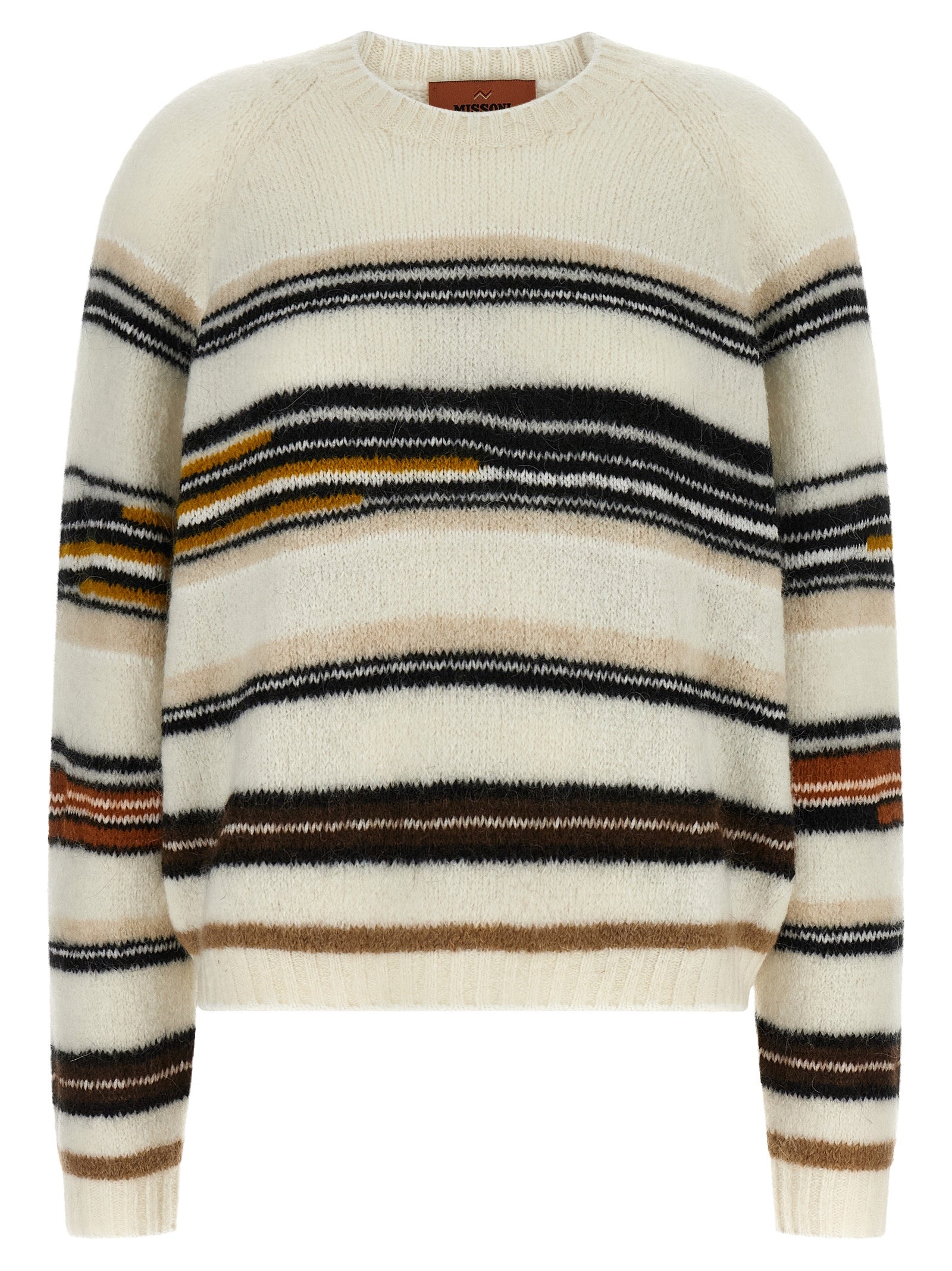 Cardigan by Missoni for women in mohair poly cotton & alpaca wool white, patterned & striped presents a textural silhouette, artfully finished with a textural crew neckline and for a sophisticated, textural look.