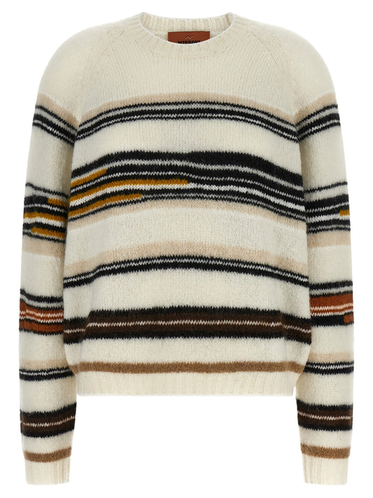 Cardigan by Missoni for women in mohair poly cotton & alpaca wool white, patterned & striped presents a textural silhouette, artfully finished with a textural crew neckline and for a sophisticated, textural look.