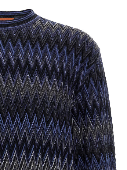 Cardigan by Missoni for men in wool blue & patterned features a dramatic silhouette, showcasing a sophisticated crew neckline and dramatic detail for a timeless, premium look.