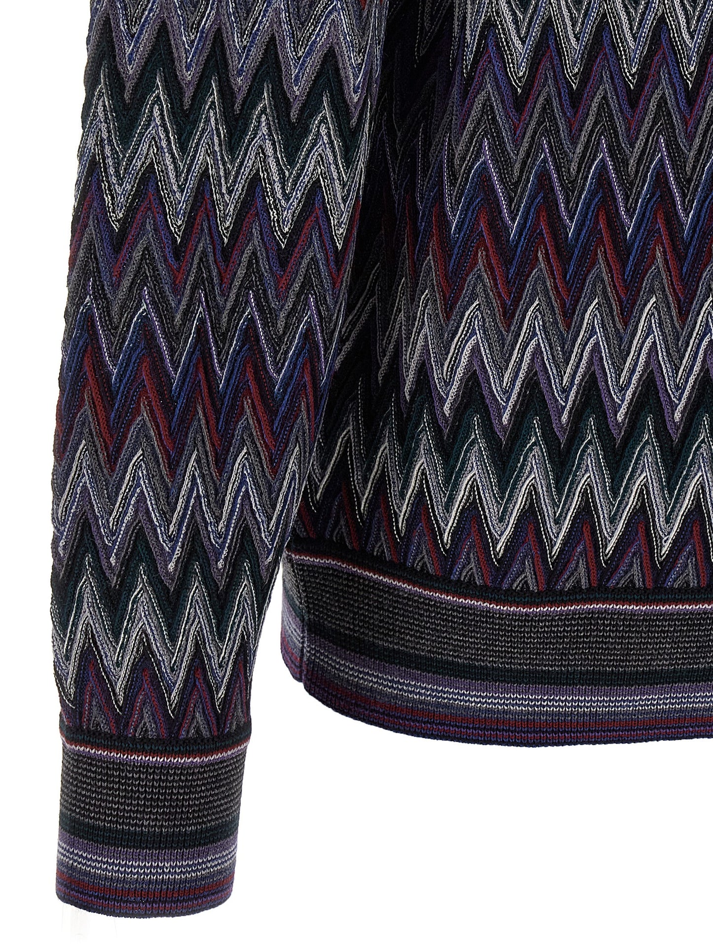 Cardigan by Missoni for men in wool blue & patterned features a dramatic silhouette, showcasing a sophisticated crew neckline and dramatic detail for a timeless, premium look.