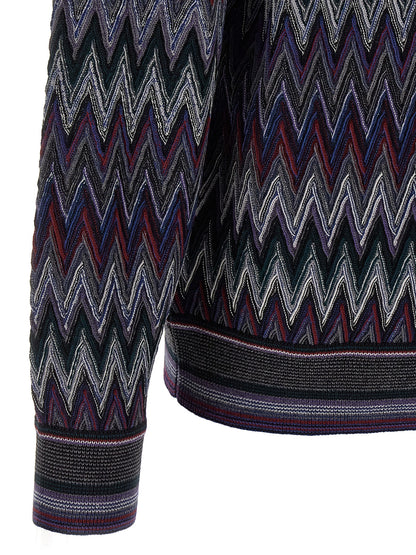 Cardigan by Missoni for men in wool blue & patterned features a dramatic silhouette, showcasing a sophisticated crew neckline and dramatic detail for a timeless, premium look.