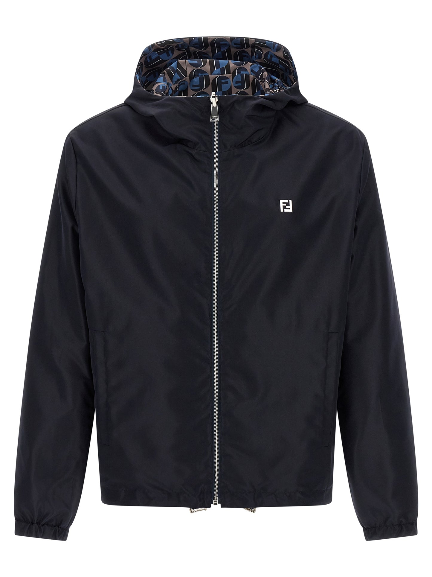 Hooded Windbreaker Jacket by Fendi for men in polyester blue & print showcases a modern silhouette, integrating pockets, hooded & windproof and a modern hooded neckline for a sophisticated finish.