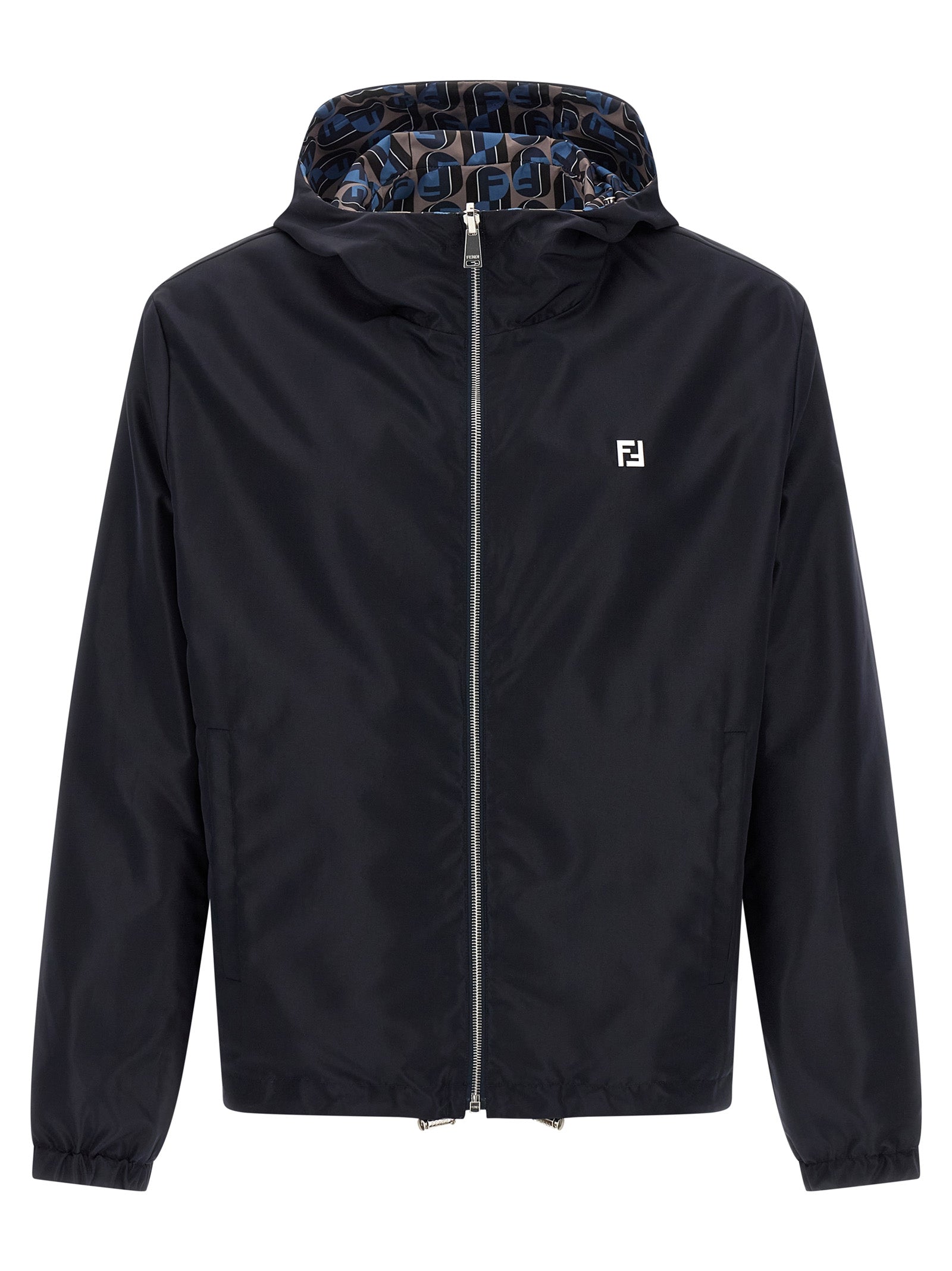 Hooded Windbreaker Jacket by Fendi for men in polyester blue & print showcases a modern silhouette, integrating pockets, hooded & windproof and a modern hooded neckline for a sophisticated finish.