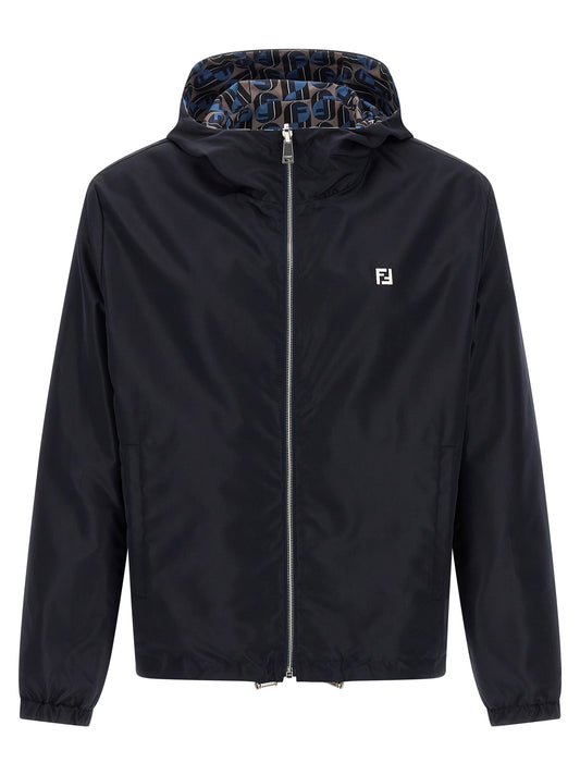 Hooded Windbreaker Jacket by Fendi for men in polyester blue & print showcases a modern silhouette, integrating pockets, hooded & windproof and a modern hooded neckline for a sophisticated finish.