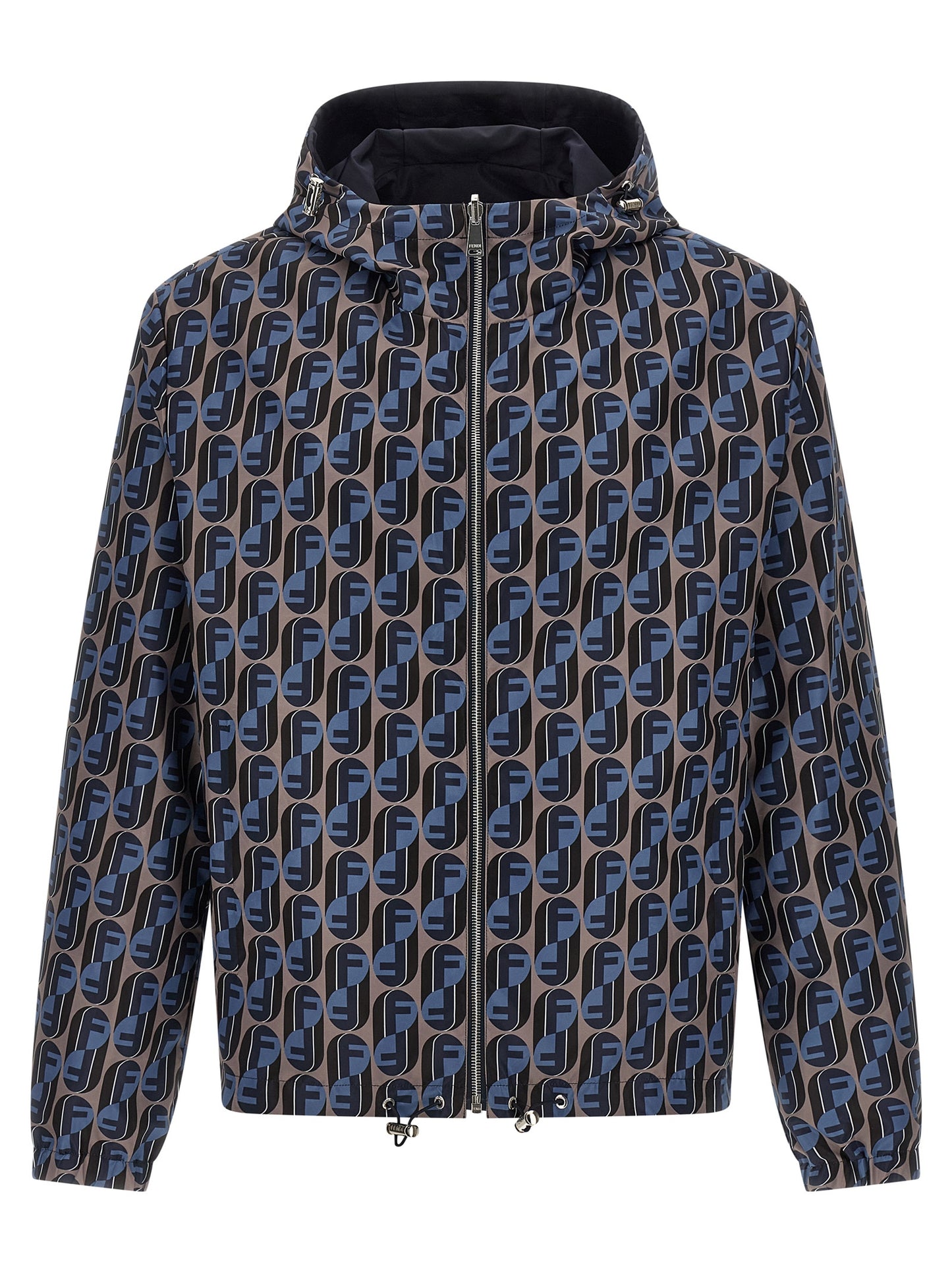Hooded Windbreaker Jacket by Fendi for men in polyester blue & print features an stylish silhouette, showcasing a sophisticated hooded neckline and performance-driven pockets, hooded & windproof for a premium, stylish look.