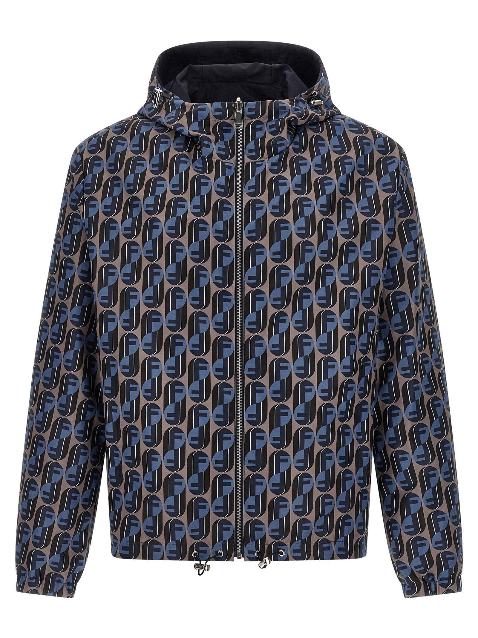 Hooded Windbreaker Jacket by Fendi for men in polyester blue & print features an stylish silhouette, showcasing a sophisticated hooded neckline and performance-driven pockets, hooded & windproof for a premium, stylish look.