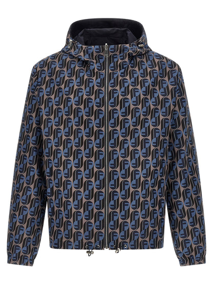 Hooded Windbreaker Jacket by Fendi for men in polyester blue & print features an stylish silhouette, showcasing a sophisticated hooded neckline and performance-driven pockets, hooded & windproof for a premium, stylish look.