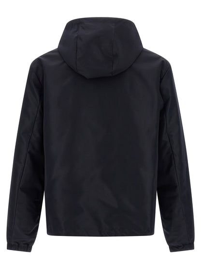 Hooded Windbreaker Jacket by Fendi for men in polyester blue & print features an perennial silhouette with a refined hooded neckline and perennial pockets, hooded & windproof for a sophisticated weather-resistant look.