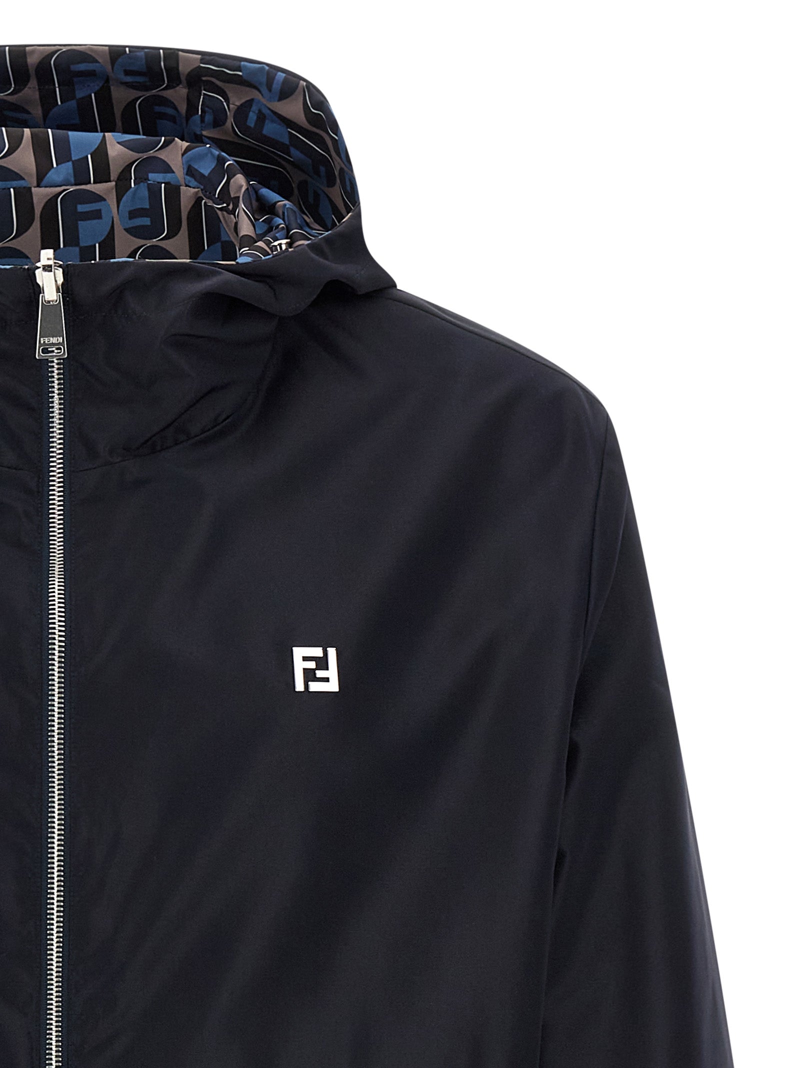 Hooded Windbreaker Jacket by Fendi for men in polyester blue & print features an perennial silhouette with a refined hooded neckline and perennial pockets, hooded & windproof for a sophisticated weather-resistant look.