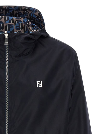 Hooded Windbreaker Jacket by Fendi for men in polyester blue & print features an perennial silhouette with a refined hooded neckline and perennial pockets, hooded & windproof for a sophisticated weather-resistant look.