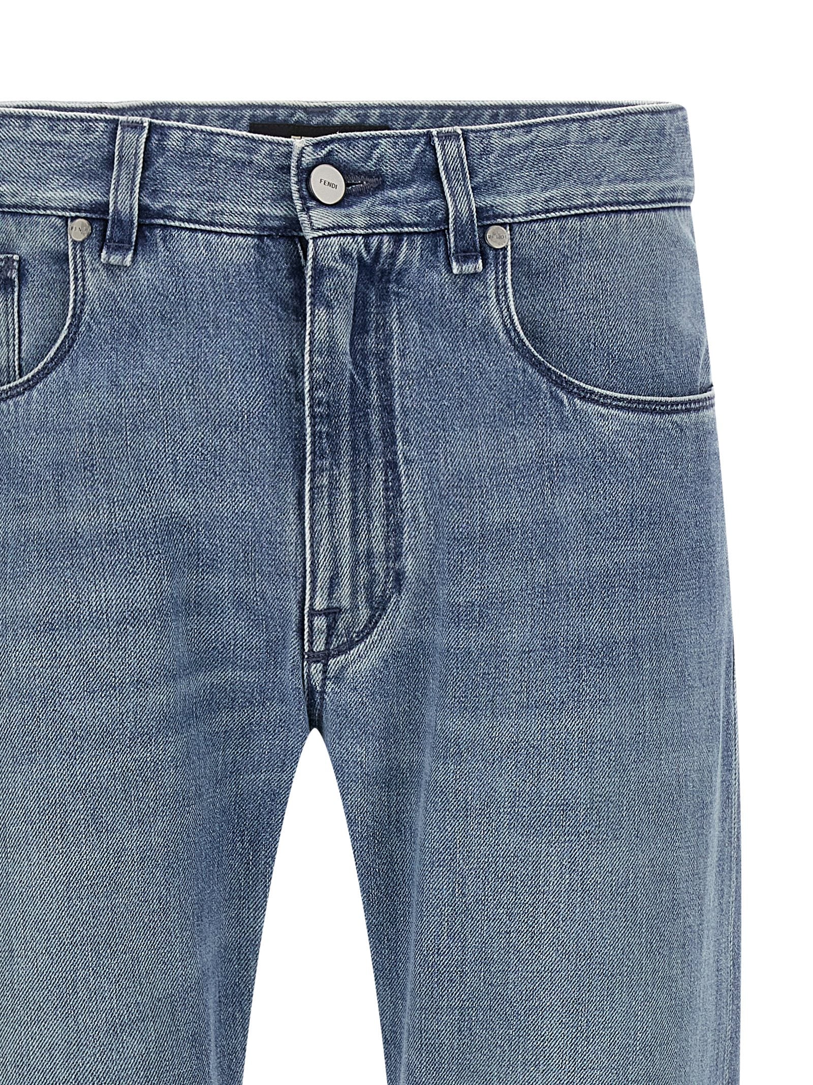 Jeans by Fendi for men in denim cotton light-blue features an sartorial straight-leg and long with a cut for a sartorial finish.