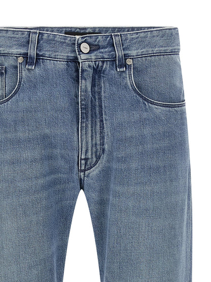Jeans by Fendi for men in denim cotton light-blue features an sartorial straight-leg and long with a cut for a sartorial finish.
