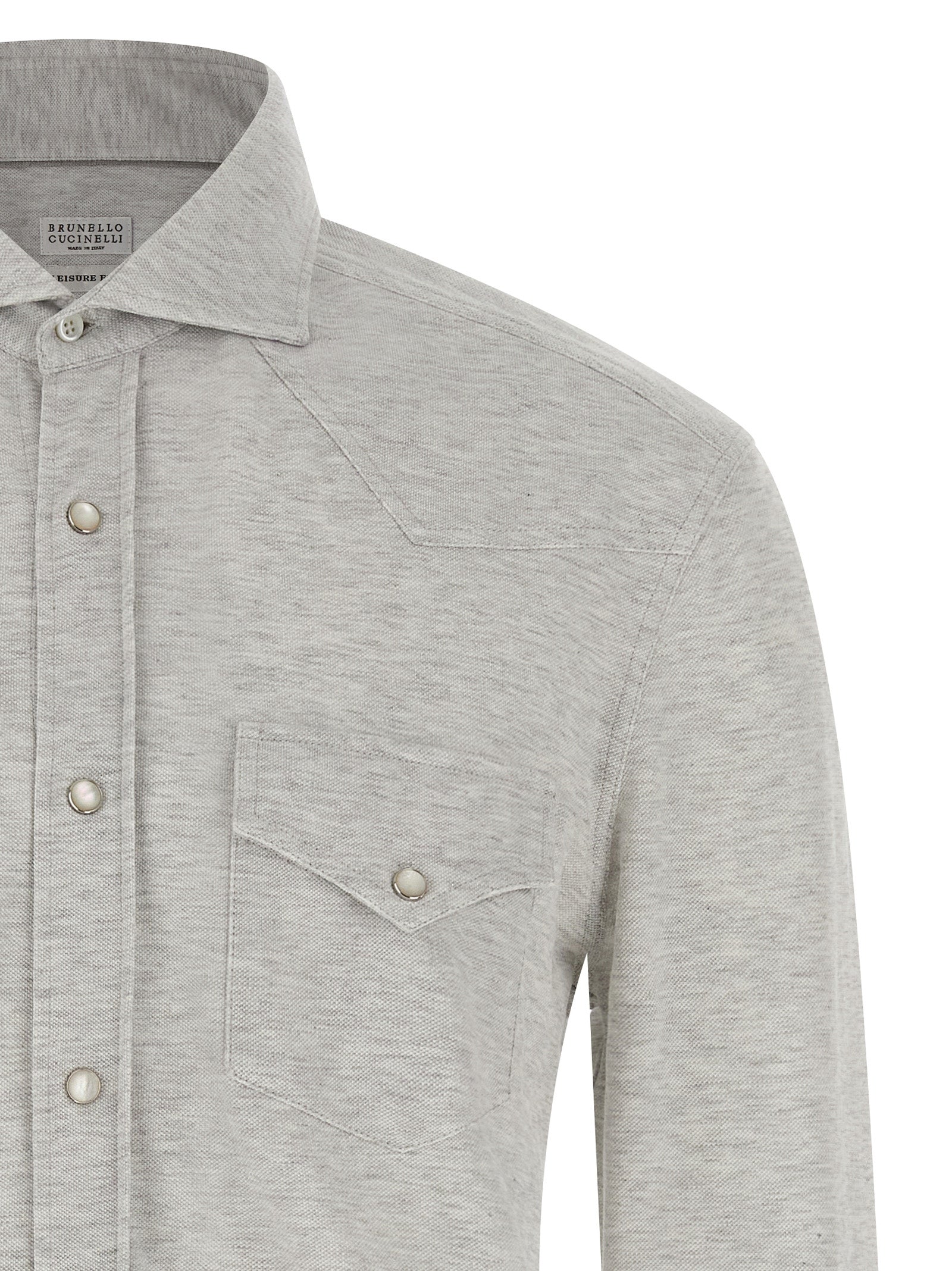 Shirt by Brunello Cucinelli for men in cotton gray showcases a sleek silhouette, elegantly detailed with a sleek and for a sleek finish.