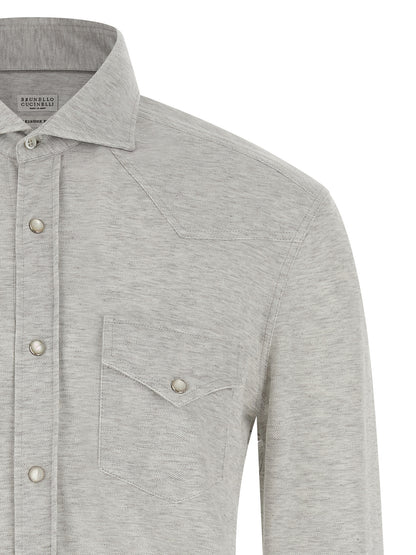 Shirt by Brunello Cucinelli for men in cotton gray showcases a sleek silhouette, elegantly detailed with a sleek and for a sleek finish.