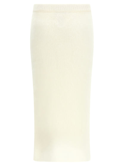 Skirt by Alessandra Rich for women in mohair wool & polyamide white features an relaxed-yet-refined silhouette that elegantly showcases the Women's Sheath Mohair Wool & Polyamide Midi Skirt design and sophisticated midi.