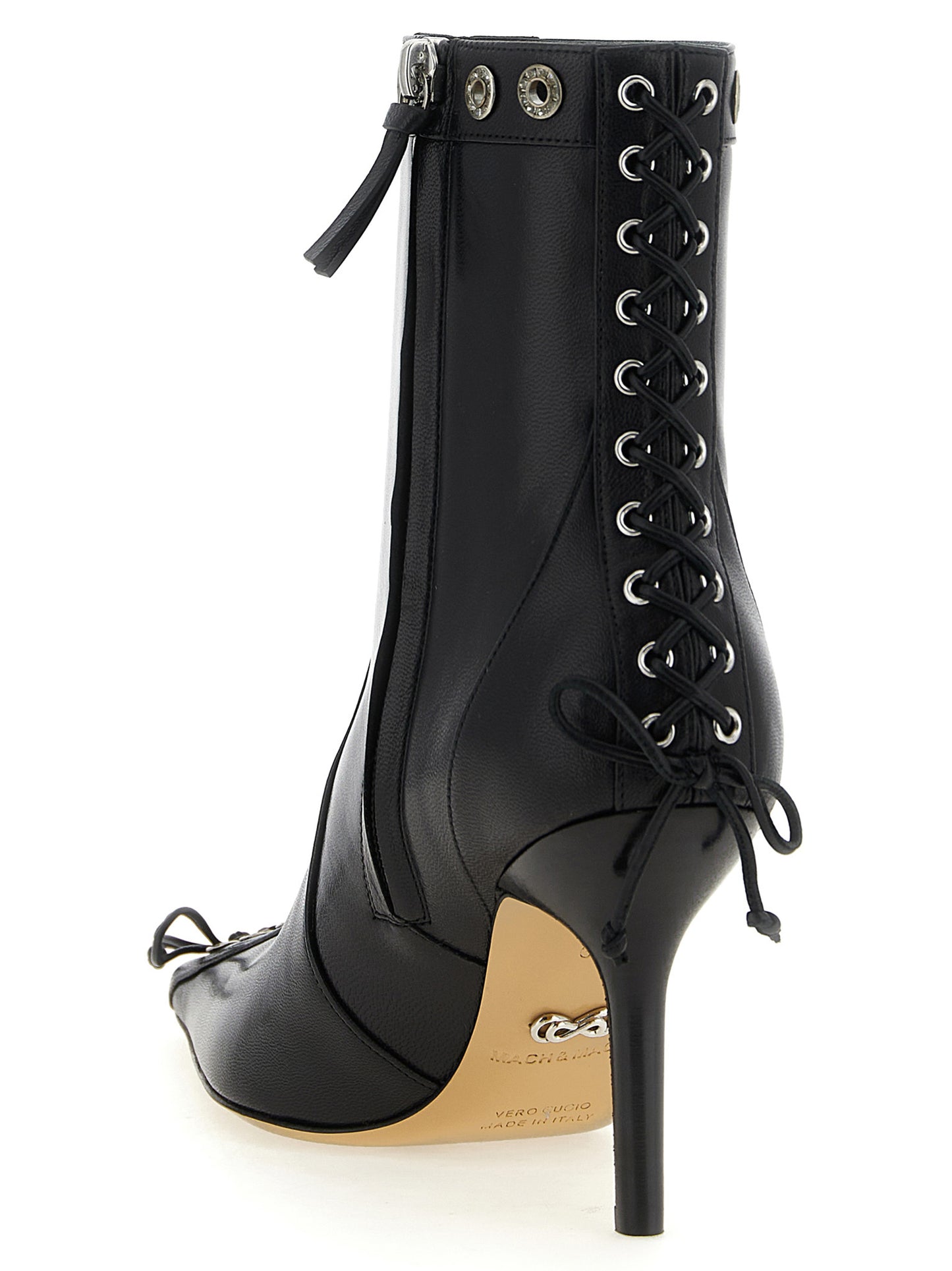 Ankle Cut-Out Boots by MACH & MACH for women in calfskin leather & rhinestone black features an avant-garde Women's Calfskin Leather & Rhinestone Ankle Cut-Out Boots silhouette, defined by a sophisticated and a avant-garde pointed toe style.