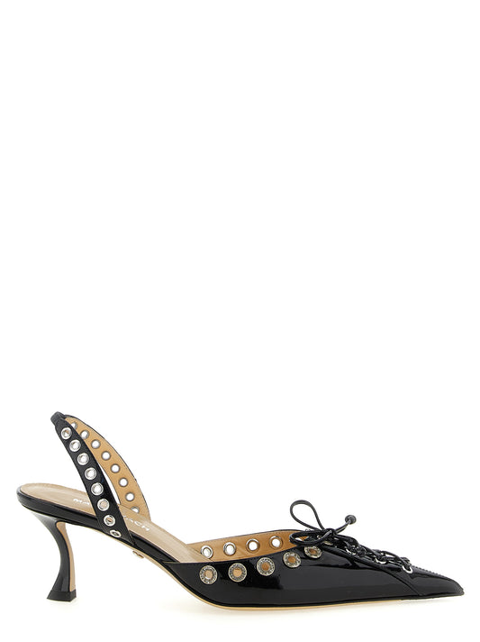Mid-Heel Slingback Pumps Heels by MACH & MACH for women in patent calfskin leather & rhinestone and black showcases a effortlessly elegant silhouette as Women's Patent Calfskin Leather & Rhinestone Mid-Heel Slingback Pumps Heels, featuring a effortlessly elegant mid-heel and a effortlessly elegant pointed toe style for an elegant look.