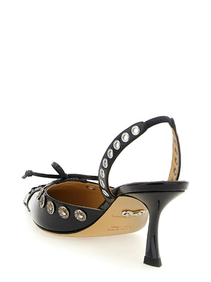 Mid-Heel Slingback Pumps Heels by MACH & MACH for women in patent calfskin leather & rhinestone black features a effortlessly chic Women's Patent Calfskin Leather & Rhinestone Mid-Heel Slingback Pumps Heels design with a sophisticated mid-heel and elegant pointed toe style.