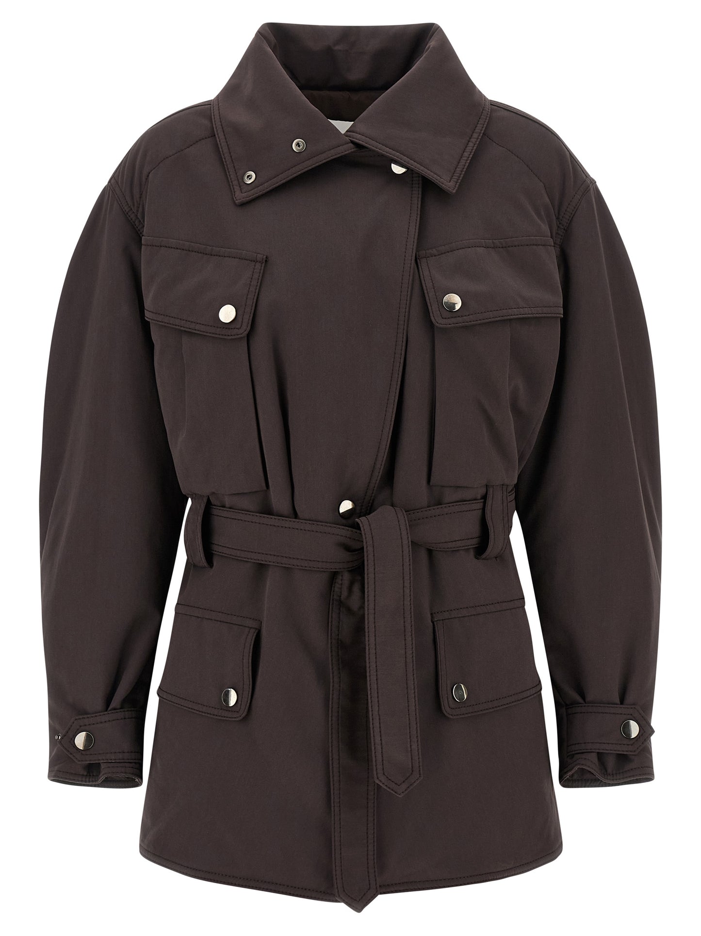 Parka by The Andamane for women in polyamide polyester suede leather brown presents a decadent silhouette, showcasing the decadent and functional pockets for a premium, weather-ready look.