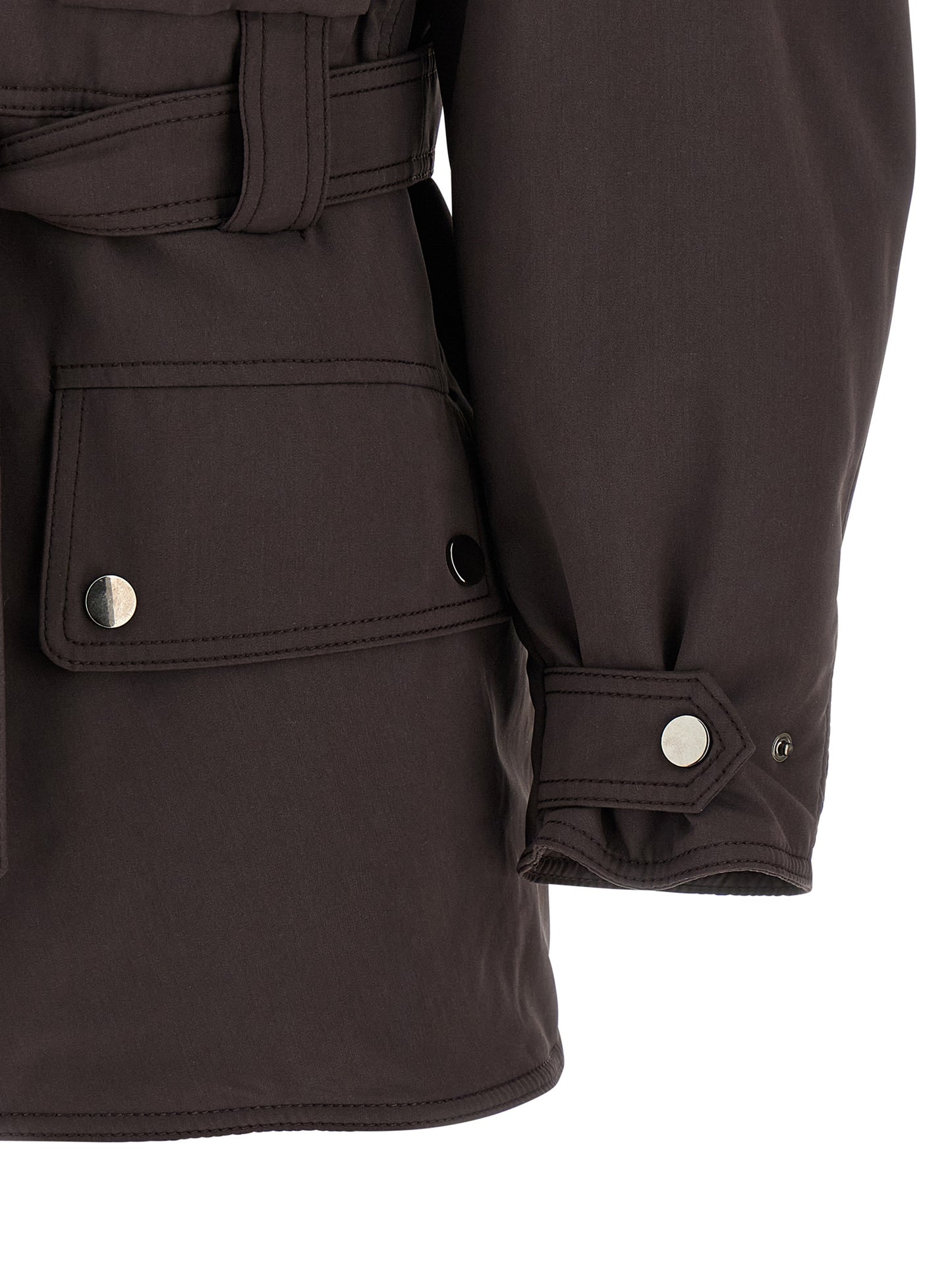 This Parka by The Andamane for women in polyamide polyester suede leather brown presents a utilitarian silhouette, meticulously detailed with pockets and a utilitarian for a sophisticated, weather-ready look.