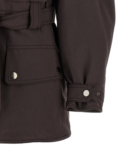 This Parka by The Andamane for women in polyamide polyester suede leather brown presents a utilitarian silhouette, meticulously detailed with pockets and a utilitarian for a sophisticated, weather-ready look.