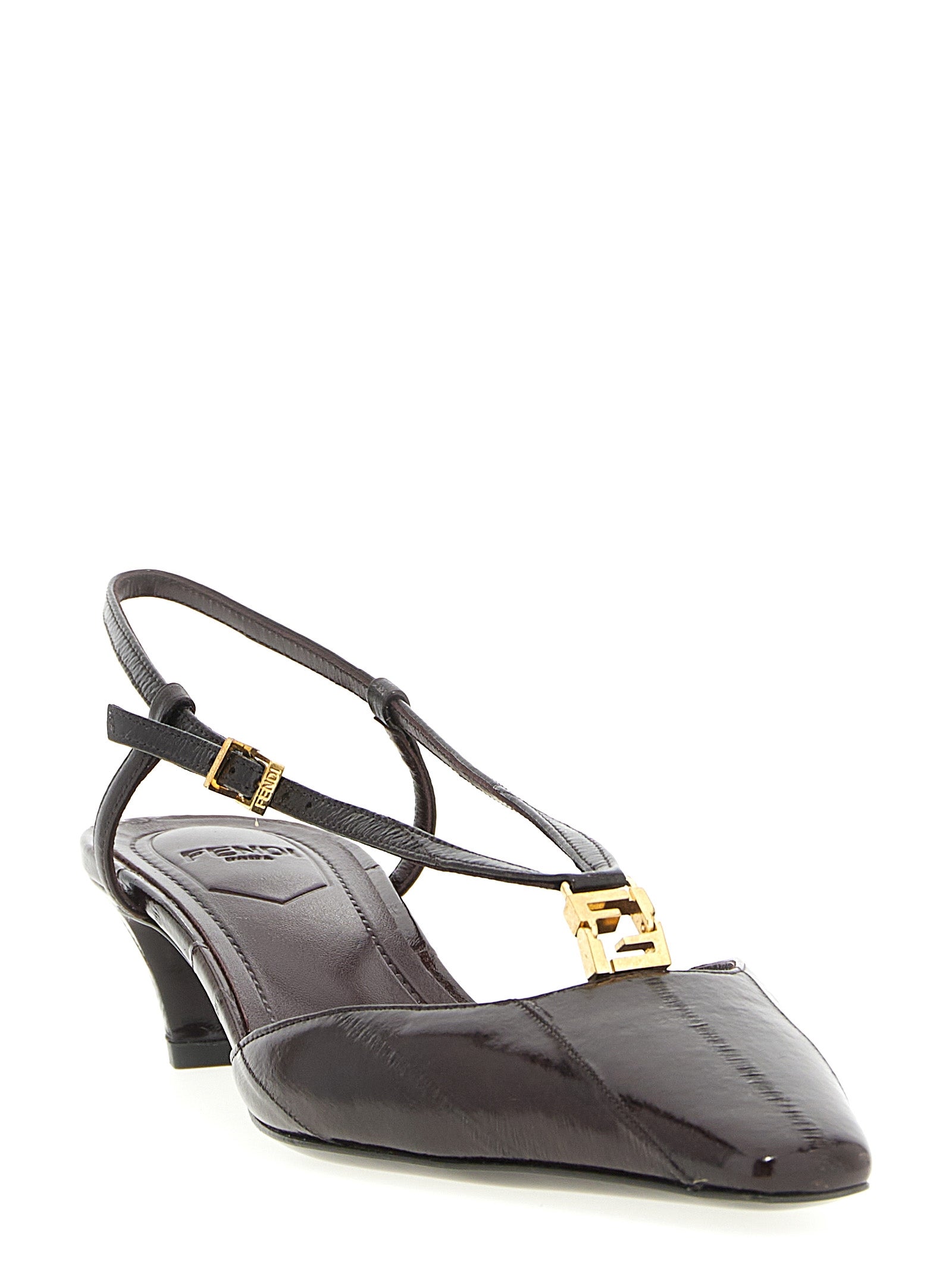 Mid-Heel Slingback Pumps Heels by Fendi for women in lamb leather brown & gold features an captivating silhouette, showcasing the elegant Women's Lamb Leather Mid-Heel Slingback Pumps Heels design with a mid-heel and a sophisticated square toe style.