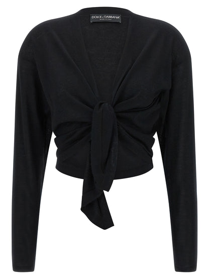 Cardigan by Dolce & Gabbana for women in cashmere black features an crisp silhouette, showcasing a sophisticated wrap asymmetric neckline and detail for a truly crisp finish.