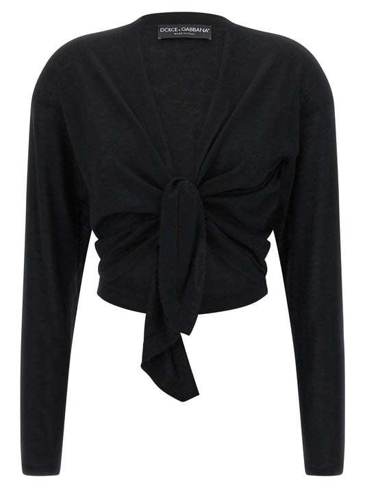 Cardigan by Dolce & Gabbana for women in cashmere black features an crisp silhouette, showcasing a sophisticated wrap asymmetric neckline and detail for a truly crisp finish.