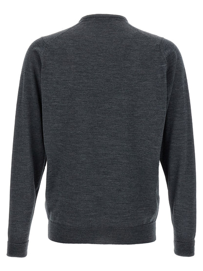 Cardigan by JOHN SMEDLEY for men in merino wool gray showcases a luxurious silhouette, meticulously detailed with a sophisticated crew neckline and for a refined finish.