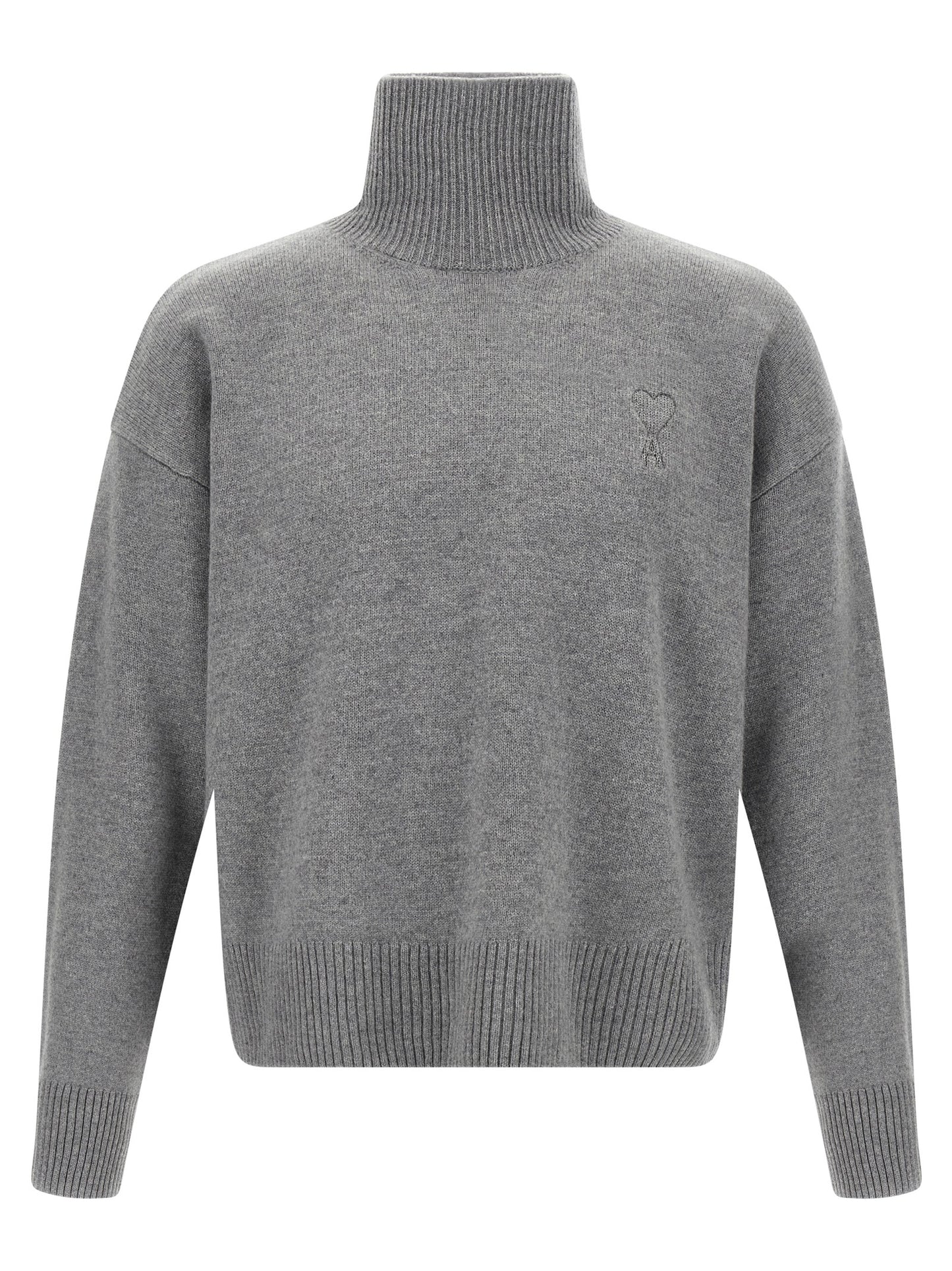 Cardigan by Ami Paris for men in cashmere gray features an impeccable silhouette, showcasing a sophisticated high-neck neckline and detail for a truly impeccable finish.