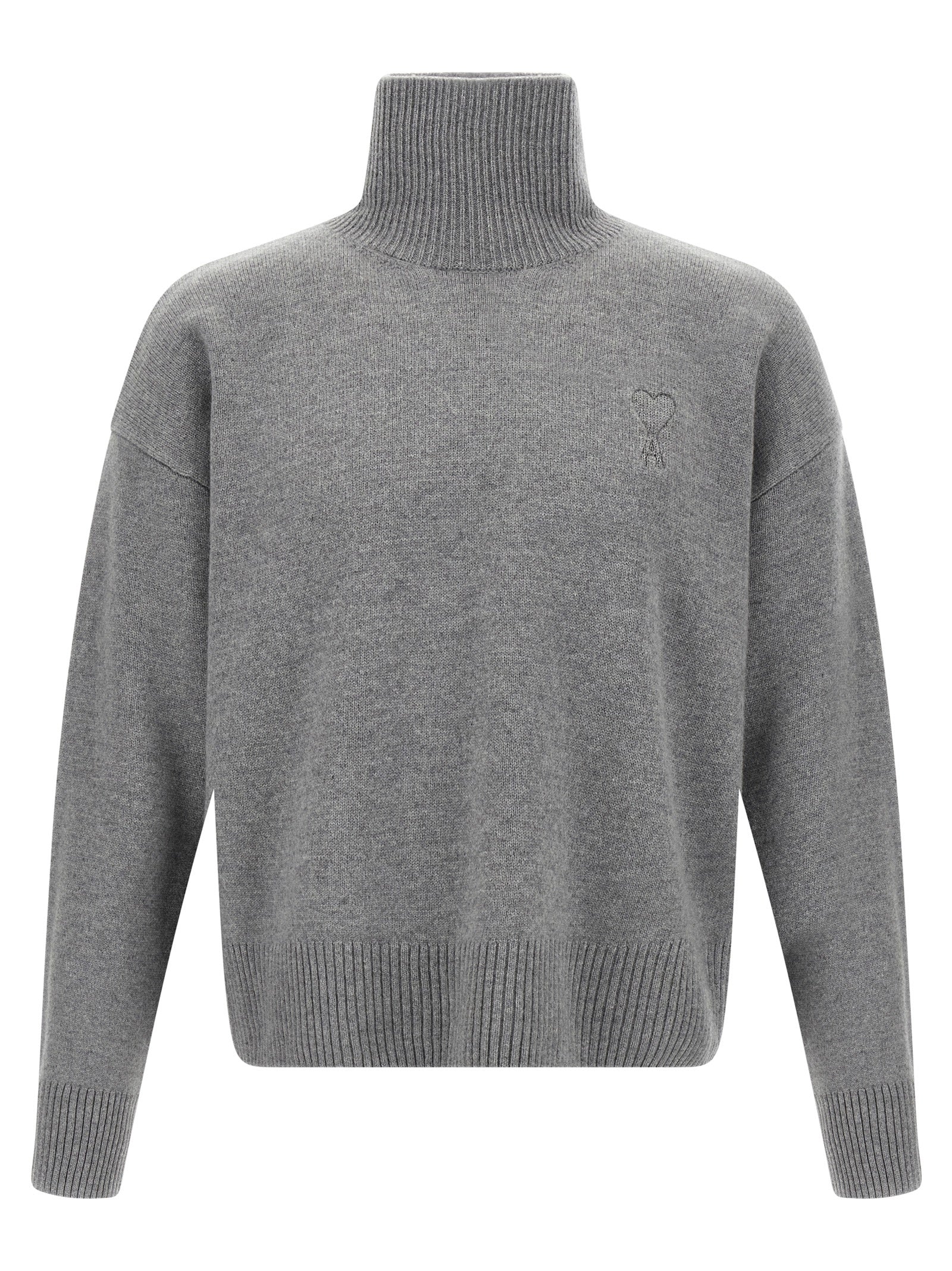 Cardigan by Ami Paris for men in cashmere gray features an impeccable silhouette, showcasing a sophisticated high-neck neckline and detail for a truly impeccable finish.