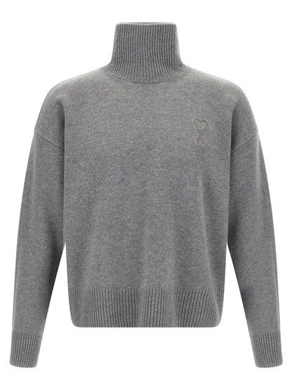 Cardigan by Ami Paris for men in cashmere gray features an impeccable silhouette, showcasing a sophisticated high-neck neckline and detail for a truly impeccable finish.