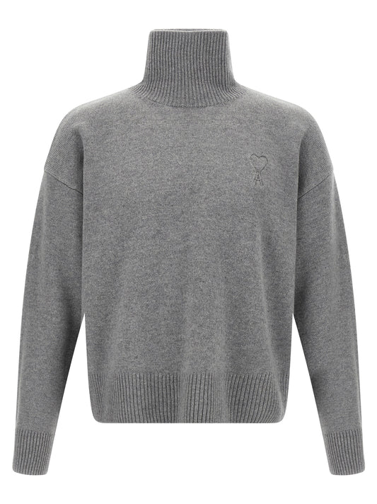 Cardigan by Ami Paris for men in cashmere gray features an impeccable silhouette, showcasing a sophisticated high-neck neckline and detail for a truly impeccable finish.