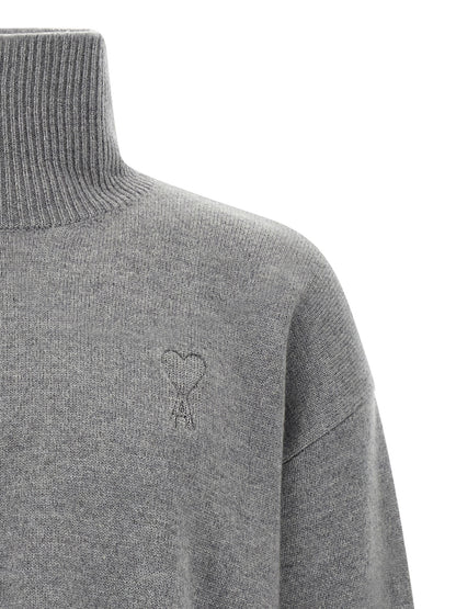 Cardigan by Ami Paris for men in cashmere gray features a nuanced silhouette with a refined high-neck neckline and nuanced detailing for a sophisticated look.