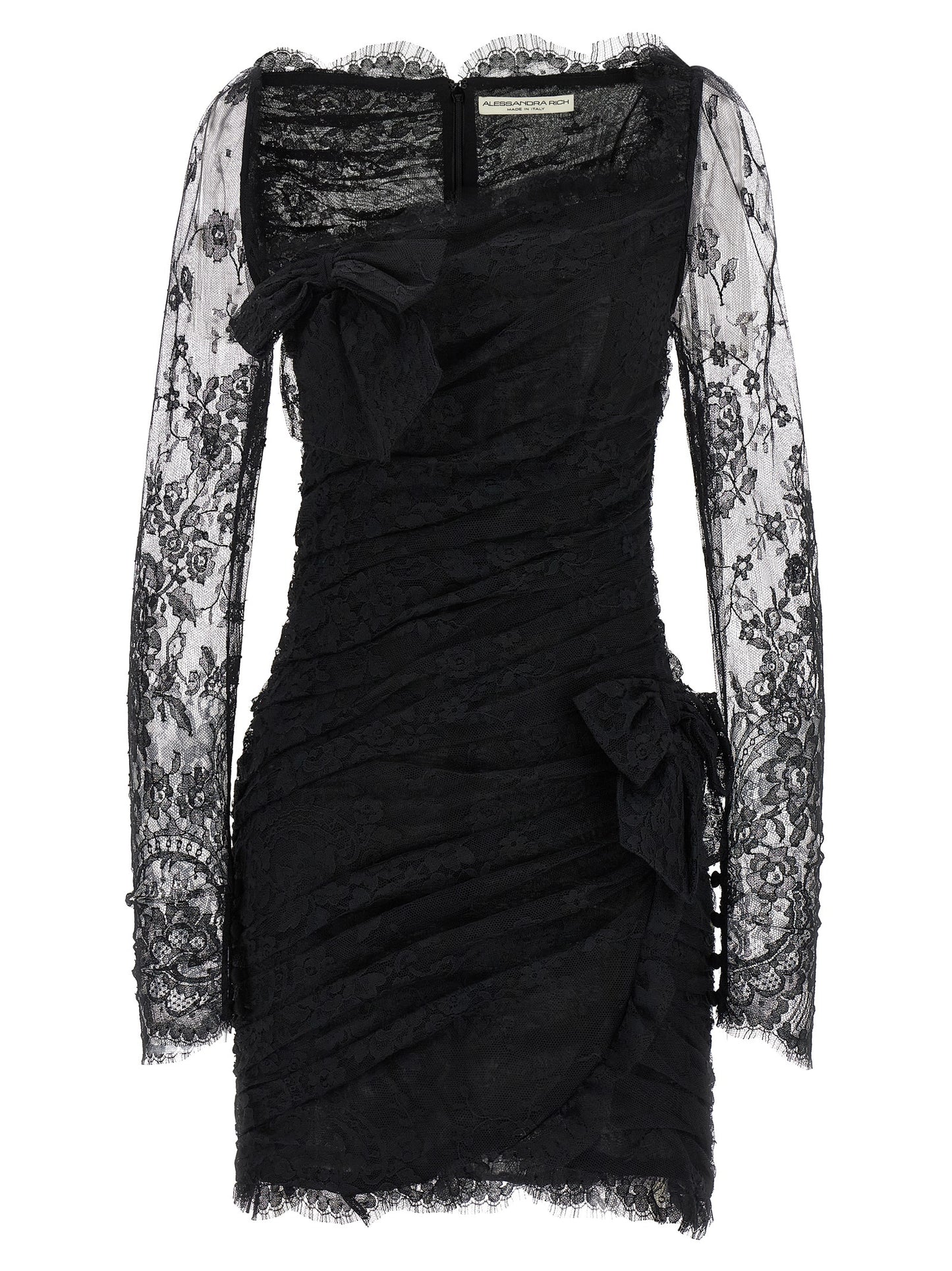Dress by Alessandra Rich for women in organic cotton & polyamide black & transparent features an magnificent silhouette, artfully detailed with a magnificent plunging neckline and long-sleeve that flows into an magnificent short mini.