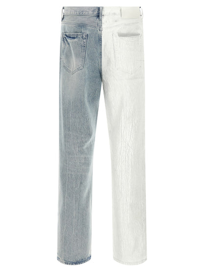 Jeans by PURPLE for men in denim cotton light-blue, purple & silver presents a tailored silhouette, showcasing a tailored straight-leg and long cut with a refined mid rise for a truly tailored aesthetic.