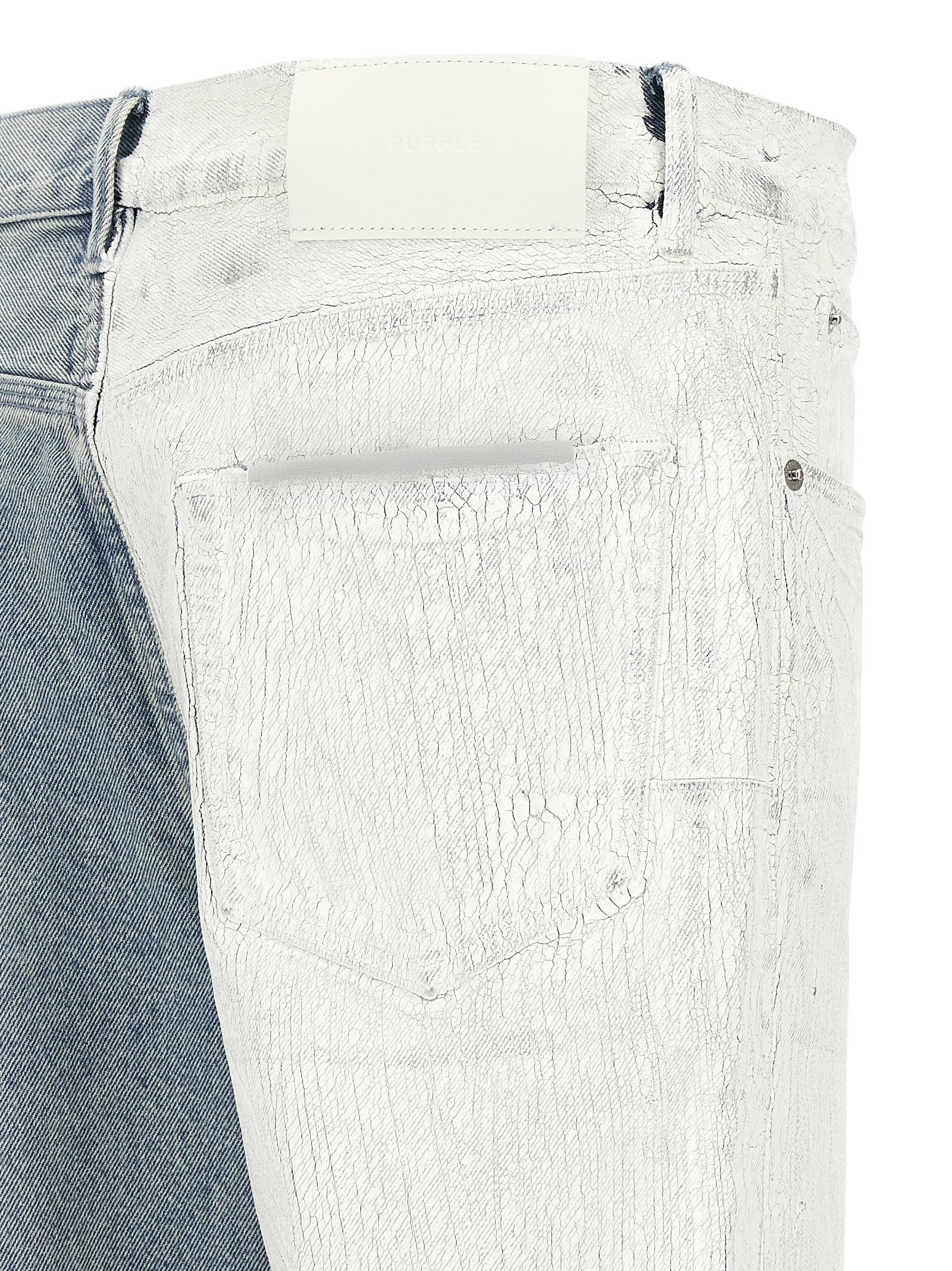 Jeans by PURPLE for men in denim cotton light-blue, purple & silver features a refined silhouette with a refined straight-leg, defined by a mid rise and a refined long for a refined finish.