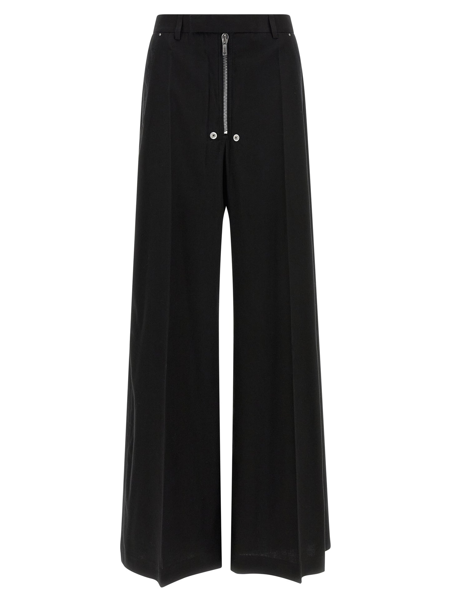 Pants by Rick Owens for women in wool cotton black showcases a unrivaled comfort silhouette, featuring a wide cut and long with a for a unrivaled comfort and refined aesthetic.